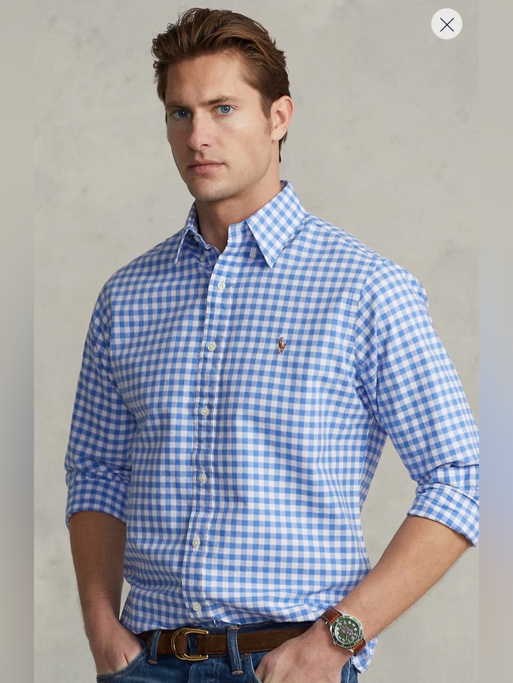 Ralph Lauren , XL Slim Fit Checkered Oxford, Long Sleeve, Blue/White, Like New